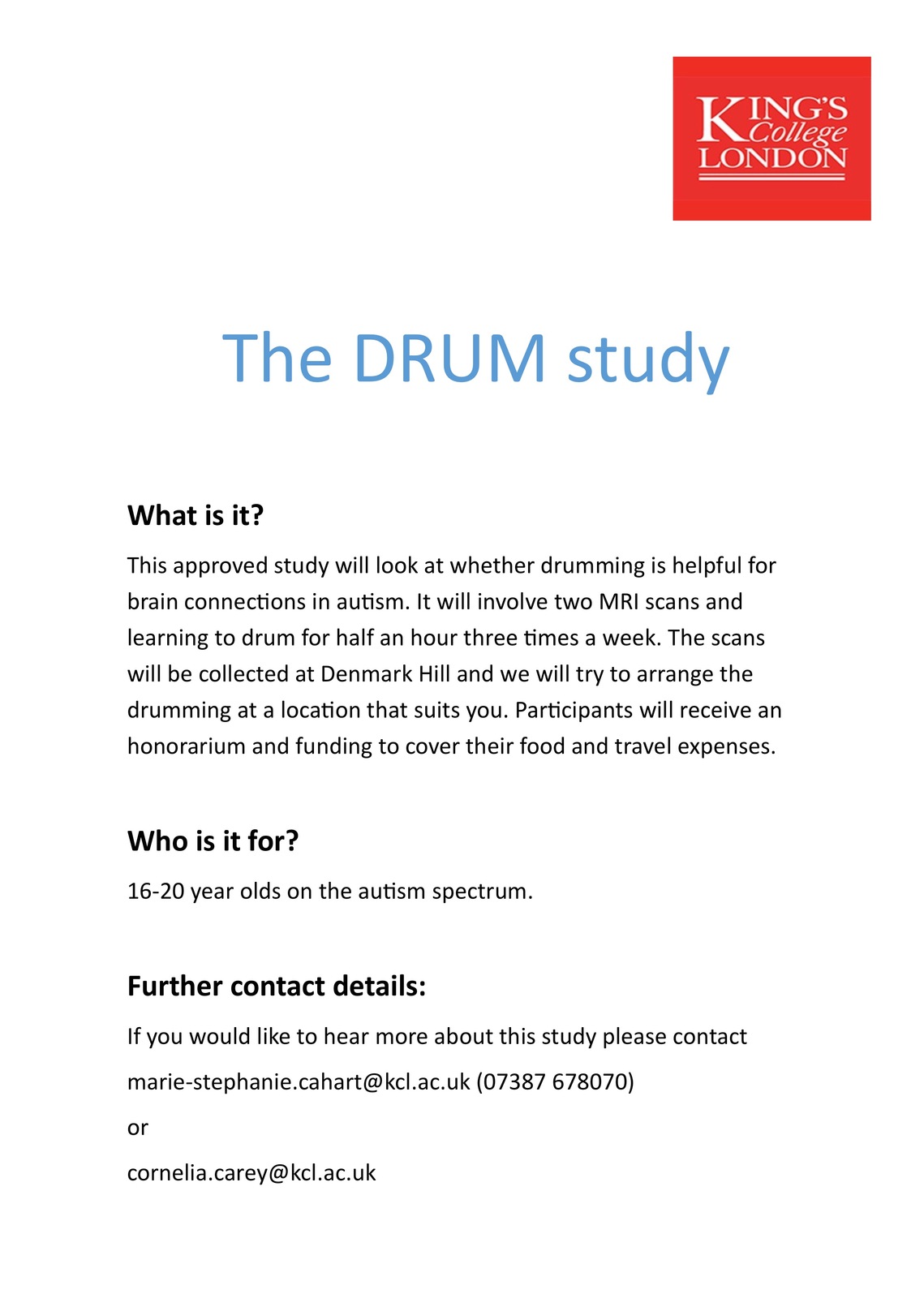 
Research into drumming for people with autism Flyer