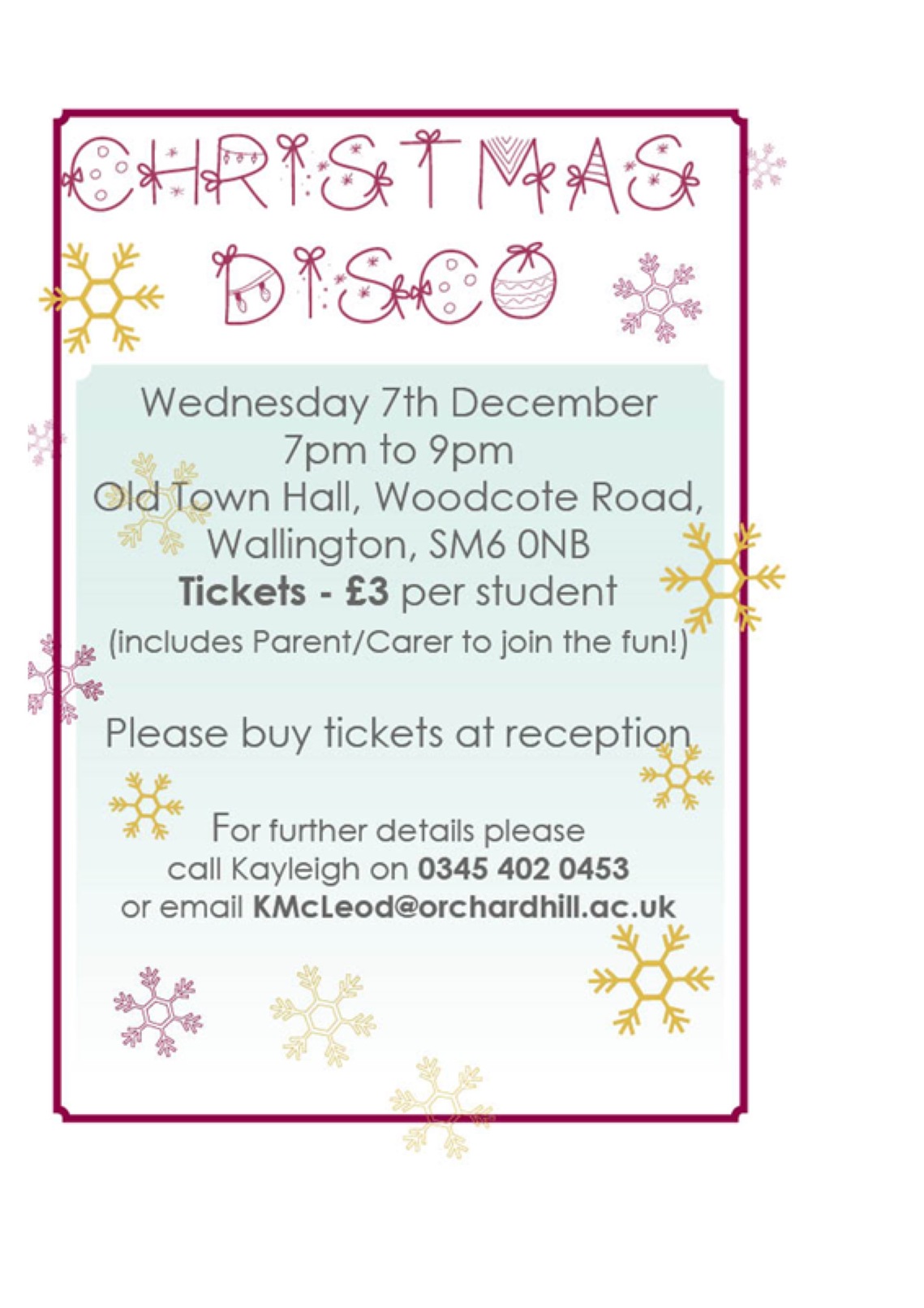 Orchard Hill College Christmas disco Poster