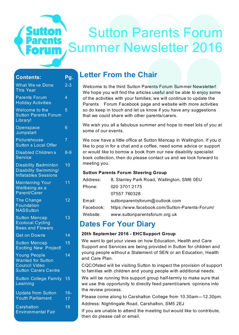 Sutton parents forum newsletter