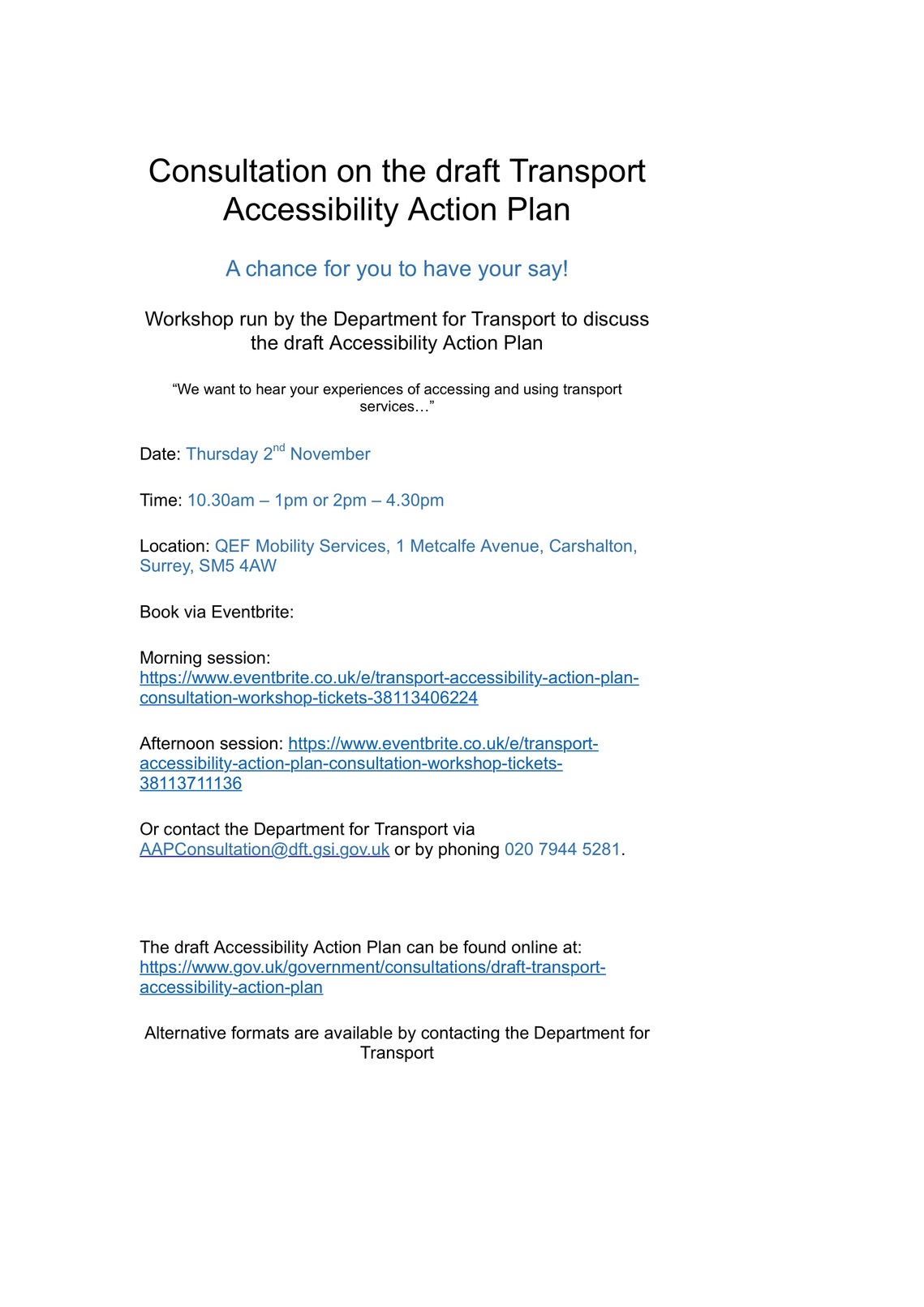 
Consultation on the draft Transport Accessibility Action Plan Flyer